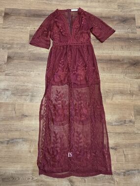 Eleter Burgundy Romper With Embroidered Sheer Maxi Skirt Small